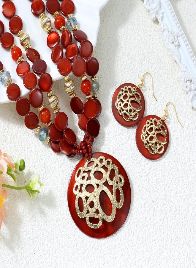 Xalroco Gold / Silver plated Circle Metal Patterned Shell Pendant Necklace and Earrings Colorful Chunky Layered Shell Crystal Stone Beads Necklace Set for Women Leopard Print Brown Jewelry Set Gift (burnt orange) - Image 3